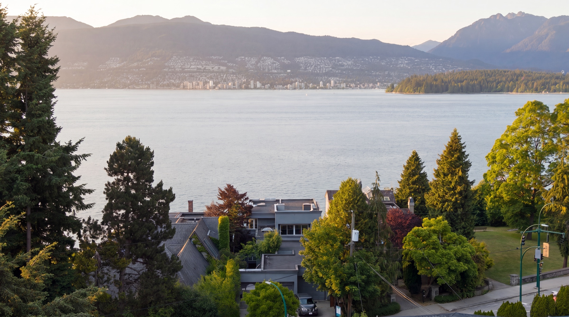 High aerial of the lot, the bay and the mountains