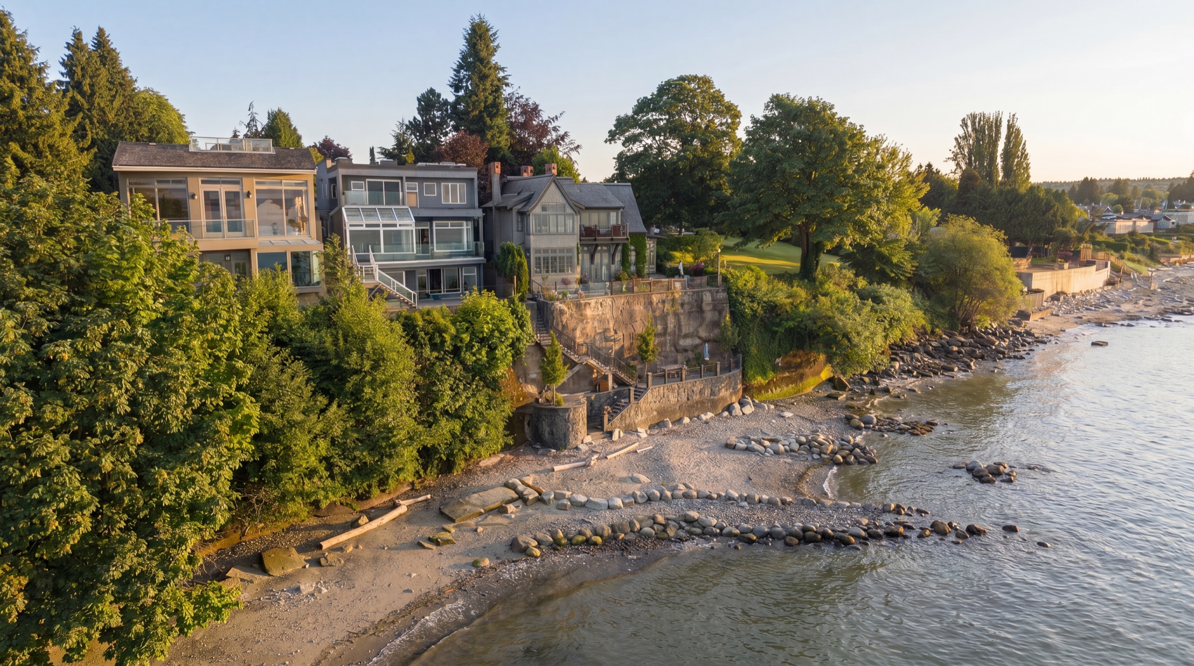 The waterfront frontage and beach from the water